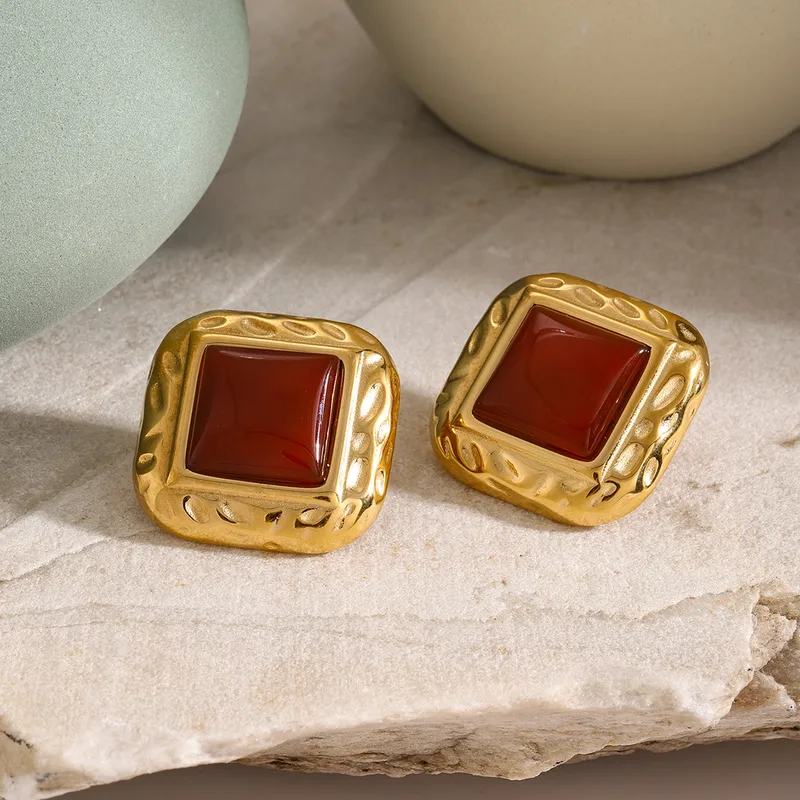 Vintage Red Stone Stud Earrings